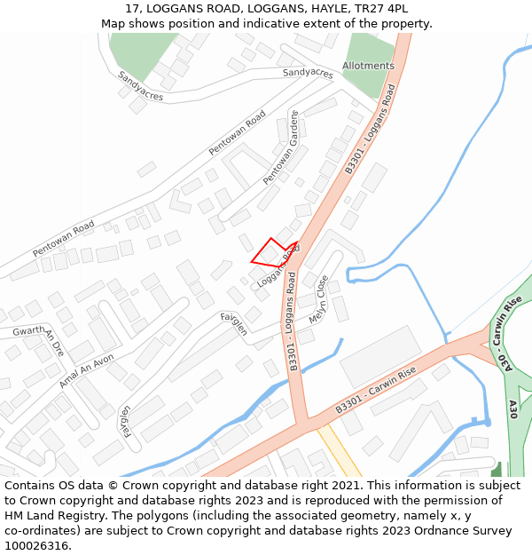 17, LOGGANS ROAD, LOGGANS, HAYLE, TR27 4PL: Location map and indicative extent of plot