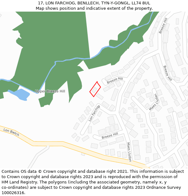 17, LON FARCHOG, BENLLECH, TYN-Y-GONGL, LL74 8UL: Location map and indicative extent of plot