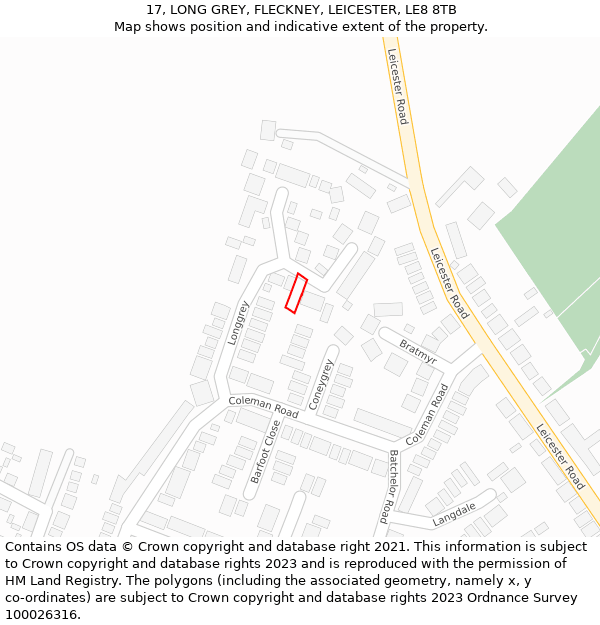 17, LONG GREY, FLECKNEY, LEICESTER, LE8 8TB: Location map and indicative extent of plot