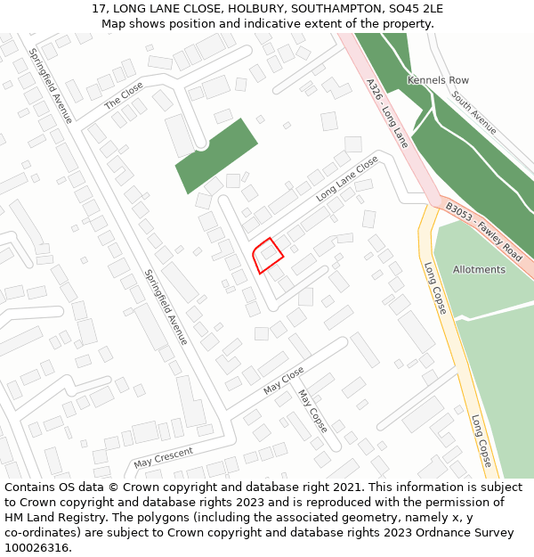 17, LONG LANE CLOSE, HOLBURY, SOUTHAMPTON, SO45 2LE: Location map and indicative extent of plot