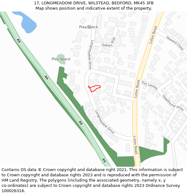 17, LONGMEADOW DRIVE, WILSTEAD, BEDFORD, MK45 3FB: Location map and indicative extent of plot