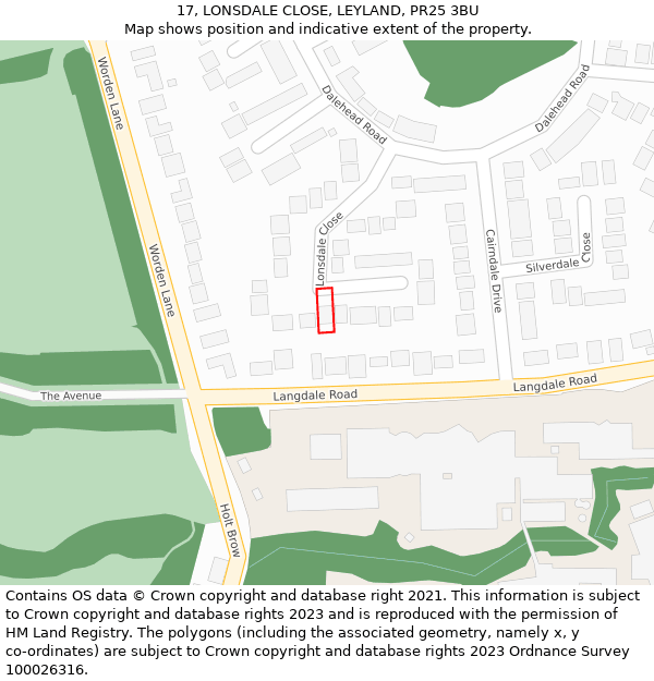 17, LONSDALE CLOSE, LEYLAND, PR25 3BU: Location map and indicative extent of plot