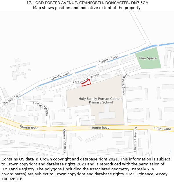 17, LORD PORTER AVENUE, STAINFORTH, DONCASTER, DN7 5GA: Location map and indicative extent of plot