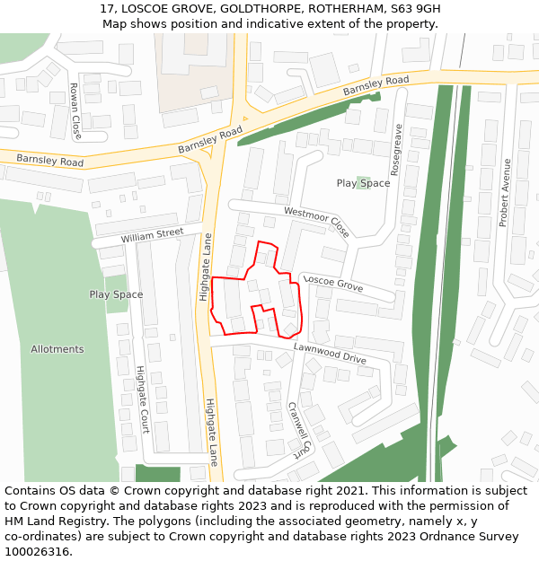 17, LOSCOE GROVE, GOLDTHORPE, ROTHERHAM, S63 9GH: Location map and indicative extent of plot