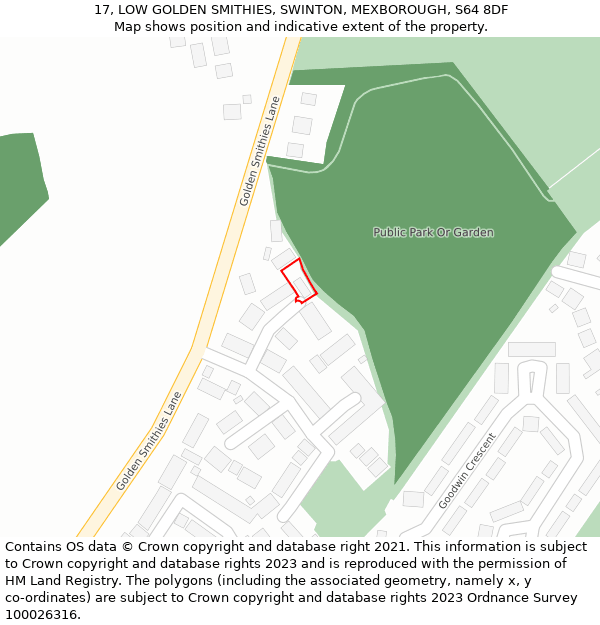 17, LOW GOLDEN SMITHIES, SWINTON, MEXBOROUGH, S64 8DF: Location map and indicative extent of plot
