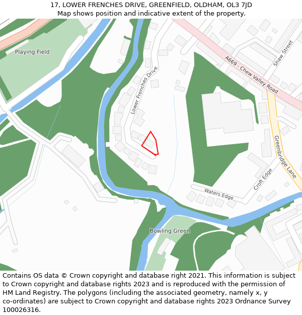 17, LOWER FRENCHES DRIVE, GREENFIELD, OLDHAM, OL3 7JD: Location map and indicative extent of plot