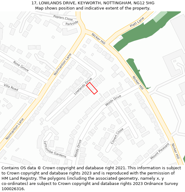 17, LOWLANDS DRIVE, KEYWORTH, NOTTINGHAM, NG12 5HG: Location map and indicative extent of plot