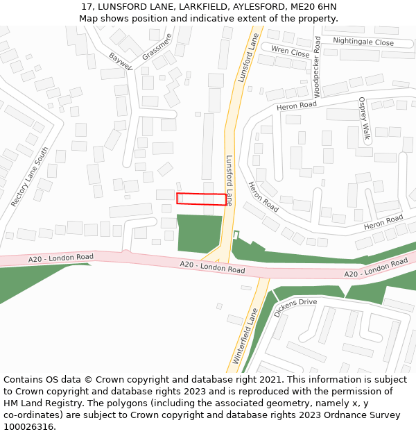 17, LUNSFORD LANE, LARKFIELD, AYLESFORD, ME20 6HN: Location map and indicative extent of plot