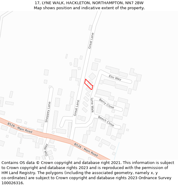 17, LYNE WALK, HACKLETON, NORTHAMPTON, NN7 2BW: Location map and indicative extent of plot