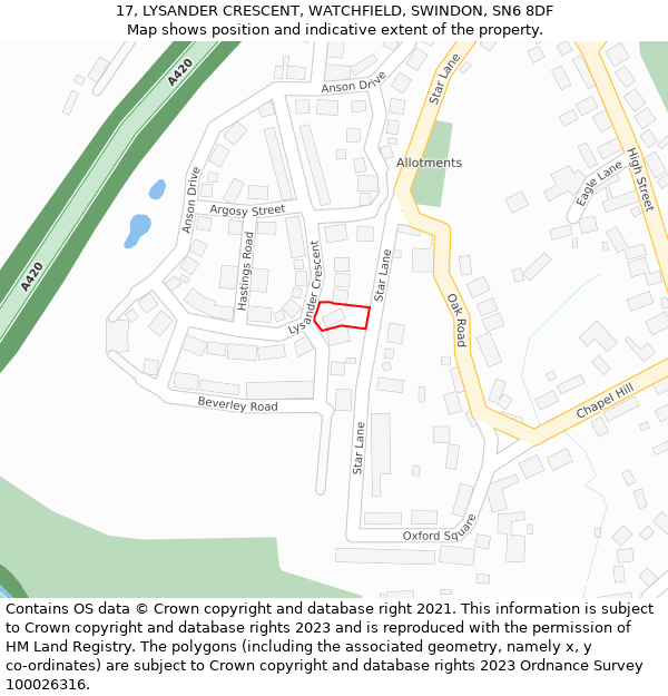 17, LYSANDER CRESCENT, WATCHFIELD, SWINDON, SN6 8DF: Location map and indicative extent of plot