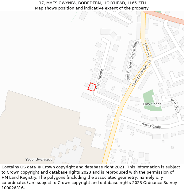 17, MAES GWYNFA, BODEDERN, HOLYHEAD, LL65 3TH: Location map and indicative extent of plot