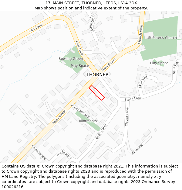17, MAIN STREET, THORNER, LEEDS, LS14 3DX: Location map and indicative extent of plot