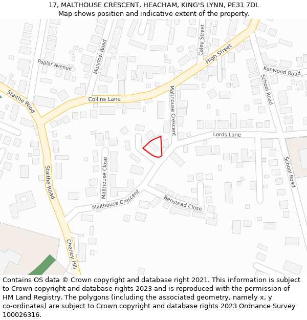 17, MALTHOUSE CRESCENT, HEACHAM, KING'S LYNN, PE31 7DL: Location map and indicative extent of plot