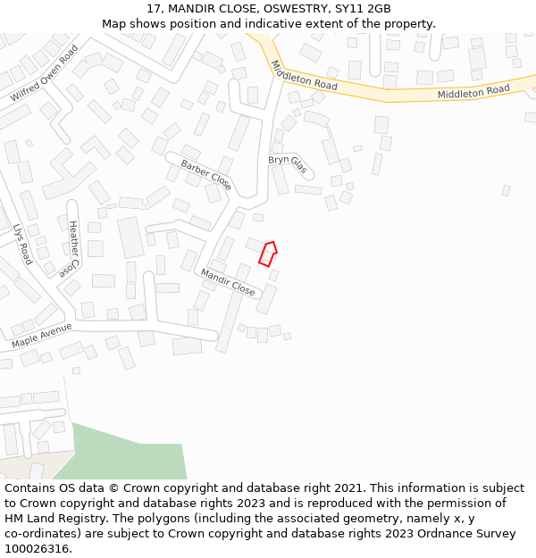 17, MANDIR CLOSE, OSWESTRY, SY11 2GB: Location map and indicative extent of plot