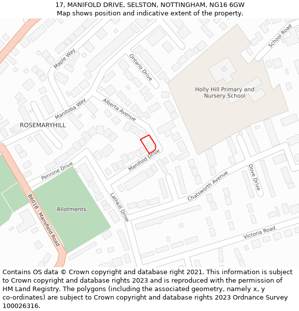 17, MANIFOLD DRIVE, SELSTON, NOTTINGHAM, NG16 6GW: Location map and indicative extent of plot