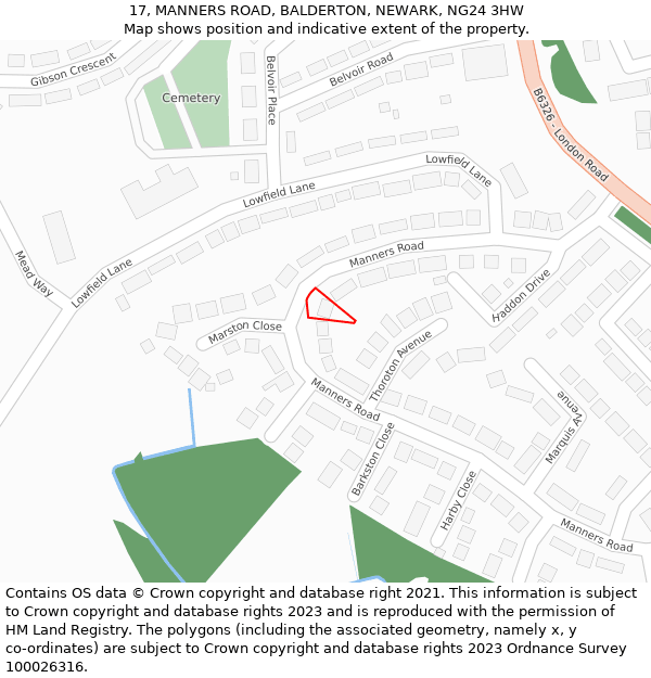 17, MANNERS ROAD, BALDERTON, NEWARK, NG24 3HW: Location map and indicative extent of plot