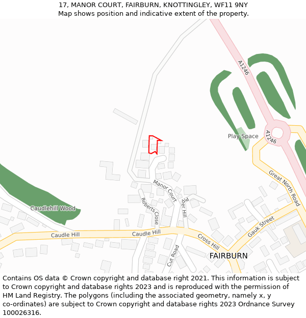 17, MANOR COURT, FAIRBURN, KNOTTINGLEY, WF11 9NY: Location map and indicative extent of plot