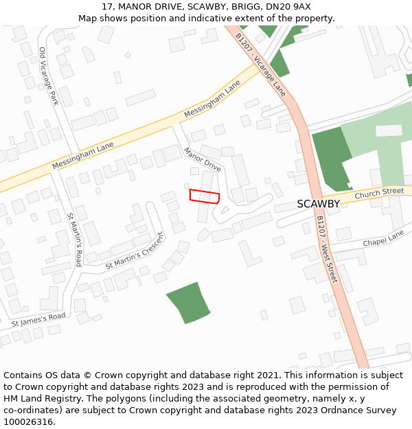 17, MANOR DRIVE, SCAWBY, BRIGG, DN20 9AX: Location map and indicative extent of plot