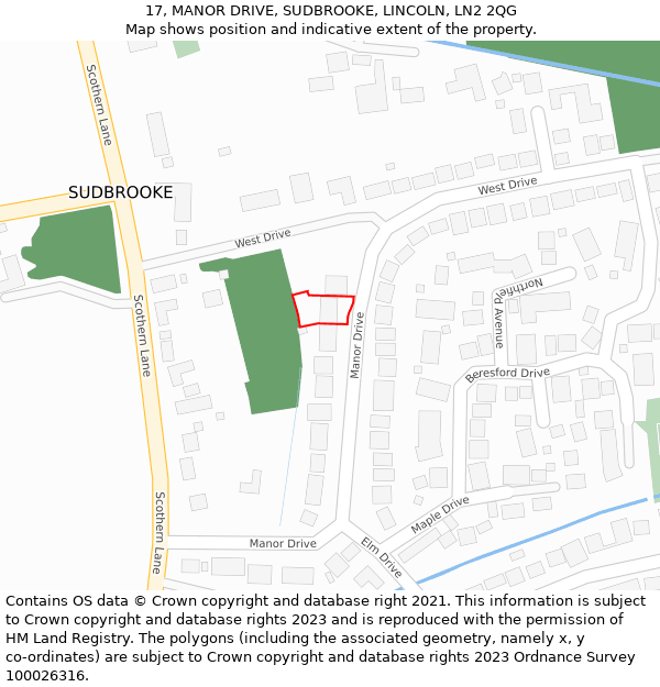 17, MANOR DRIVE, SUDBROOKE, LINCOLN, LN2 2QG: Location map and indicative extent of plot