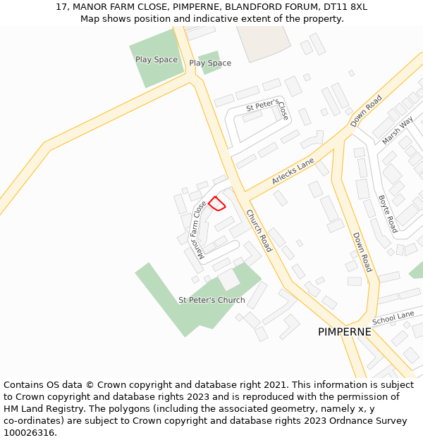 17, MANOR FARM CLOSE, PIMPERNE, BLANDFORD FORUM, DT11 8XL: Location map and indicative extent of plot