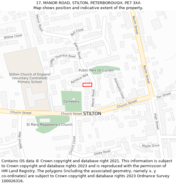 17, MANOR ROAD, STILTON, PETERBOROUGH, PE7 3XA: Location map and indicative extent of plot