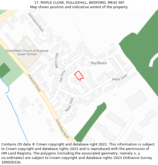 17, MAPLE CLOSE, PULLOXHILL, BEDFORD, MK45 5EF: Location map and indicative extent of plot