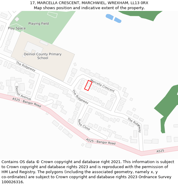 17, MARCELLA CRESCENT, MARCHWIEL, WREXHAM, LL13 0RX: Location map and indicative extent of plot