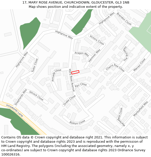 17, MARY ROSE AVENUE, CHURCHDOWN, GLOUCESTER, GL3 1NB: Location map and indicative extent of plot