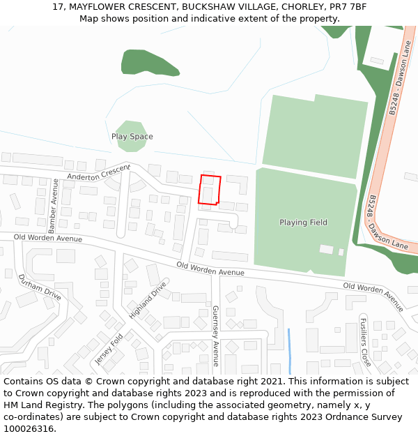 17, MAYFLOWER CRESCENT, BUCKSHAW VILLAGE, CHORLEY, PR7 7BF: Location map and indicative extent of plot