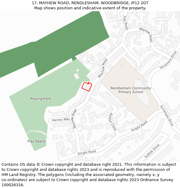17, MAYHEW ROAD, RENDLESHAM, WOODBRIDGE, IP12 2GT: Location map and indicative extent of plot