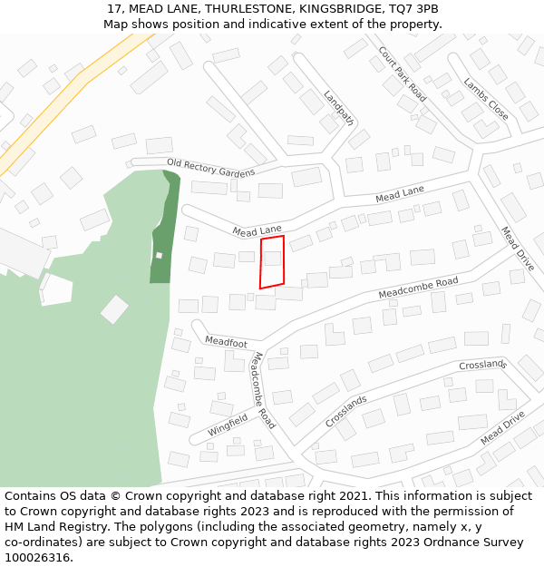 17, MEAD LANE, THURLESTONE, KINGSBRIDGE, TQ7 3PB: Location map and indicative extent of plot