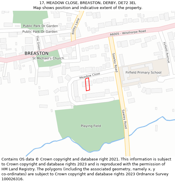 17, MEADOW CLOSE, BREASTON, DERBY, DE72 3EL: Location map and indicative extent of plot