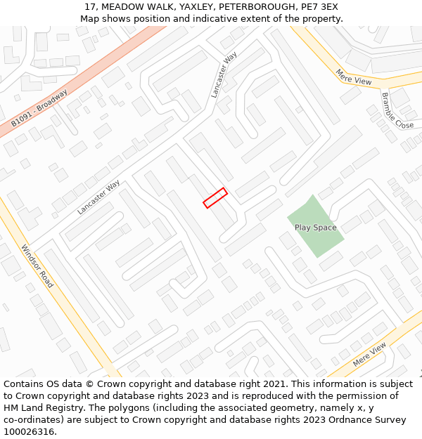 17, MEADOW WALK, YAXLEY, PETERBOROUGH, PE7 3EX: Location map and indicative extent of plot