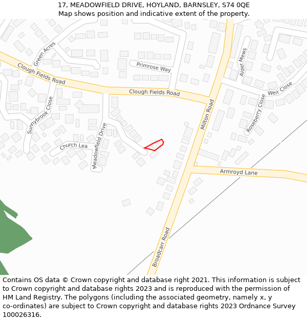 17, MEADOWFIELD DRIVE, HOYLAND, BARNSLEY, S74 0QE: Location map and indicative extent of plot