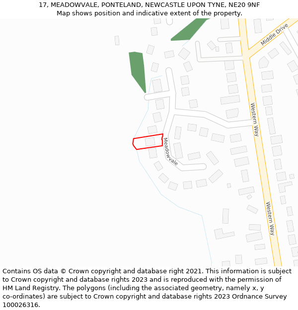 17, MEADOWVALE, PONTELAND, NEWCASTLE UPON TYNE, NE20 9NF: Location map and indicative extent of plot