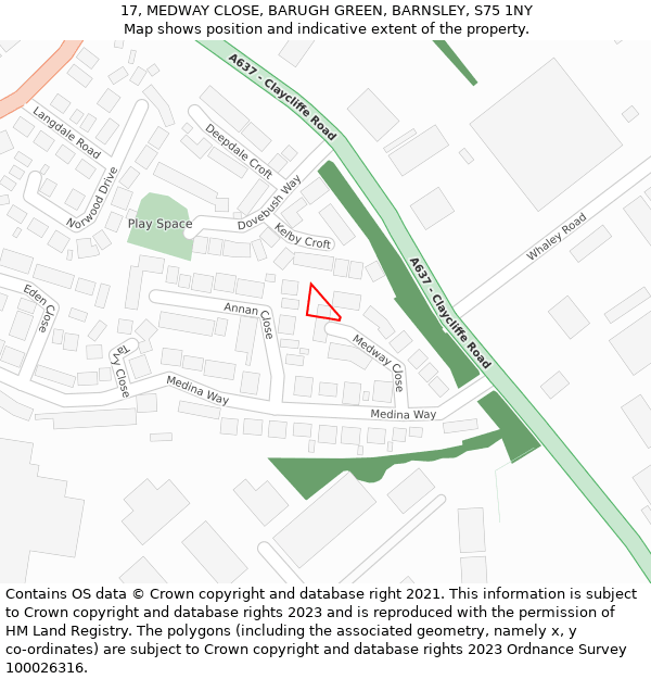 17, MEDWAY CLOSE, BARUGH GREEN, BARNSLEY, S75 1NY: Location map and indicative extent of plot