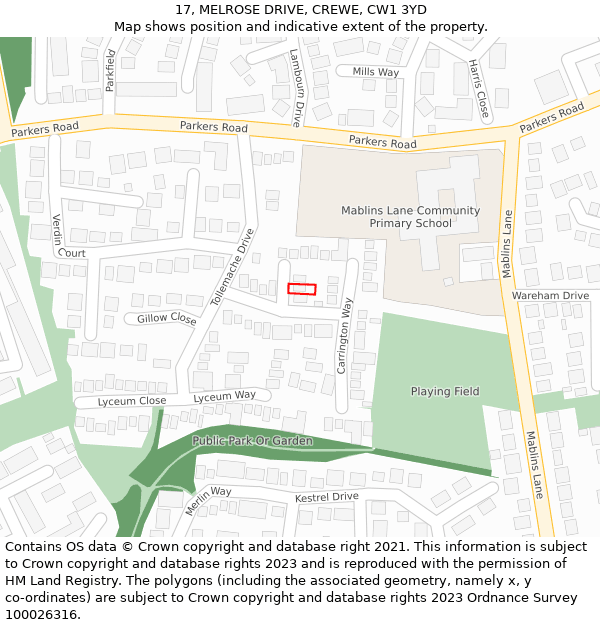 17, MELROSE DRIVE, CREWE, CW1 3YD: Location map and indicative extent of plot