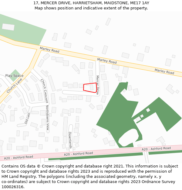 17, MERCER DRIVE, HARRIETSHAM, MAIDSTONE, ME17 1AY: Location map and indicative extent of plot