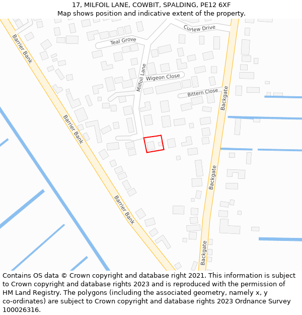 17, MILFOIL LANE, COWBIT, SPALDING, PE12 6XF: Location map and indicative extent of plot