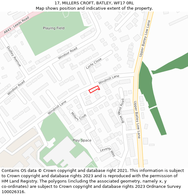 17, MILLERS CROFT, BATLEY, WF17 0RL: Location map and indicative extent of plot