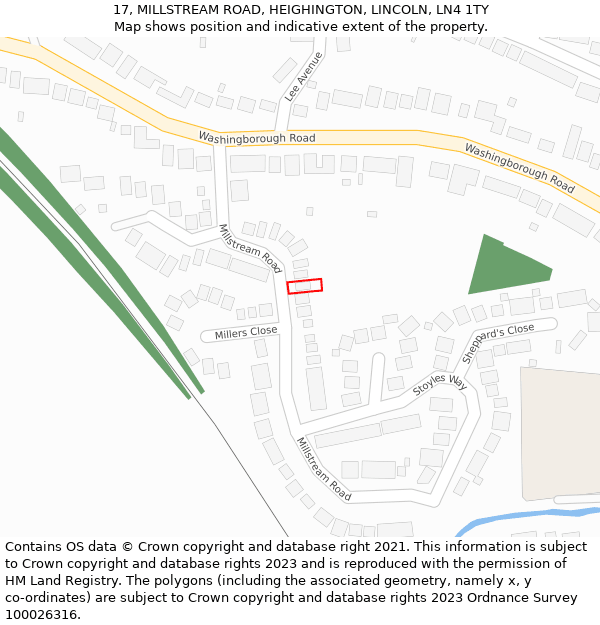 17, MILLSTREAM ROAD, HEIGHINGTON, LINCOLN, LN4 1TY: Location map and indicative extent of plot