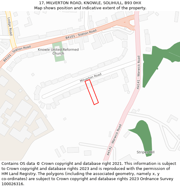 17, MILVERTON ROAD, KNOWLE, SOLIHULL, B93 0HX: Location map and indicative extent of plot