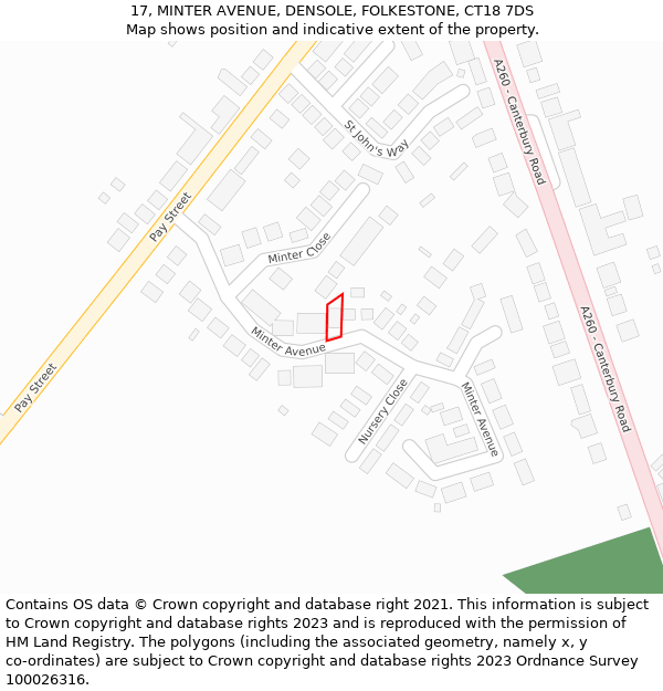 17, MINTER AVENUE, DENSOLE, FOLKESTONE, CT18 7DS: Location map and indicative extent of plot