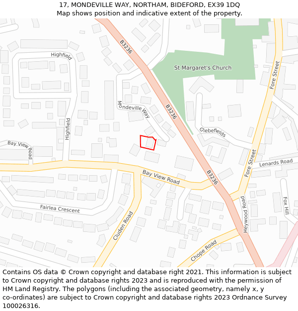 17, MONDEVILLE WAY, NORTHAM, BIDEFORD, EX39 1DQ: Location map and indicative extent of plot