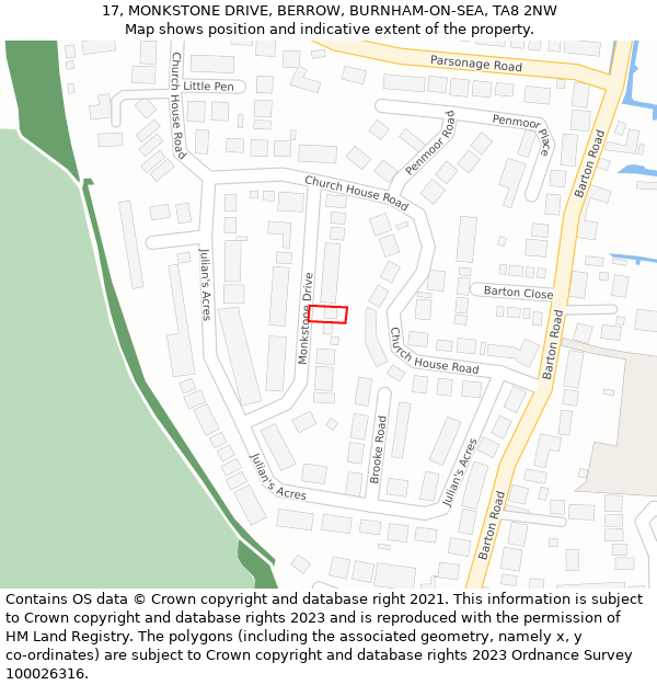 17, MONKSTONE DRIVE, BERROW, BURNHAM-ON-SEA, TA8 2NW: Location map and indicative extent of plot