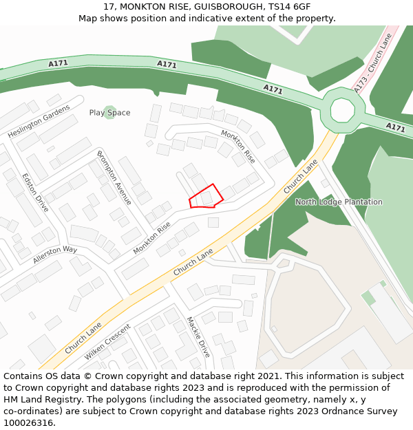 17, MONKTON RISE, GUISBOROUGH, TS14 6GF: Location map and indicative extent of plot