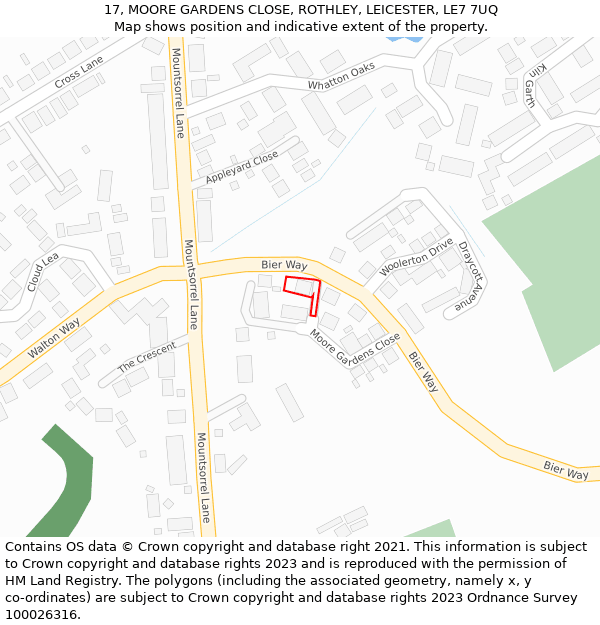 17, MOORE GARDENS CLOSE, ROTHLEY, LEICESTER, LE7 7UQ: Location map and indicative extent of plot