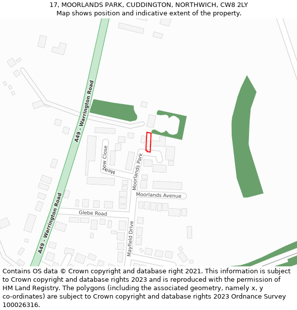 17, MOORLANDS PARK, CUDDINGTON, NORTHWICH, CW8 2LY: Location map and indicative extent of plot