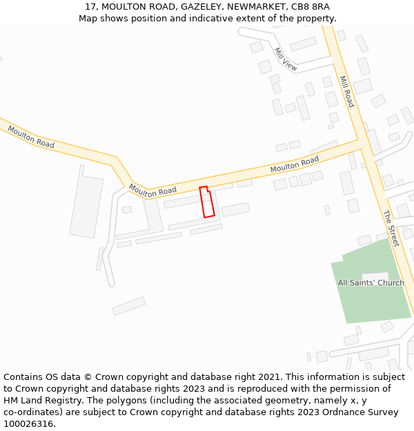 17, MOULTON ROAD, GAZELEY, NEWMARKET, CB8 8RA: Location map and indicative extent of plot