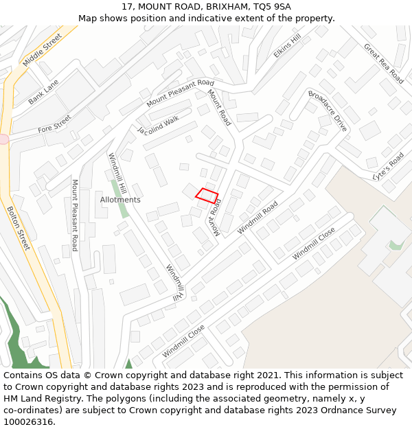 17, MOUNT ROAD, BRIXHAM, TQ5 9SA: Location map and indicative extent of plot